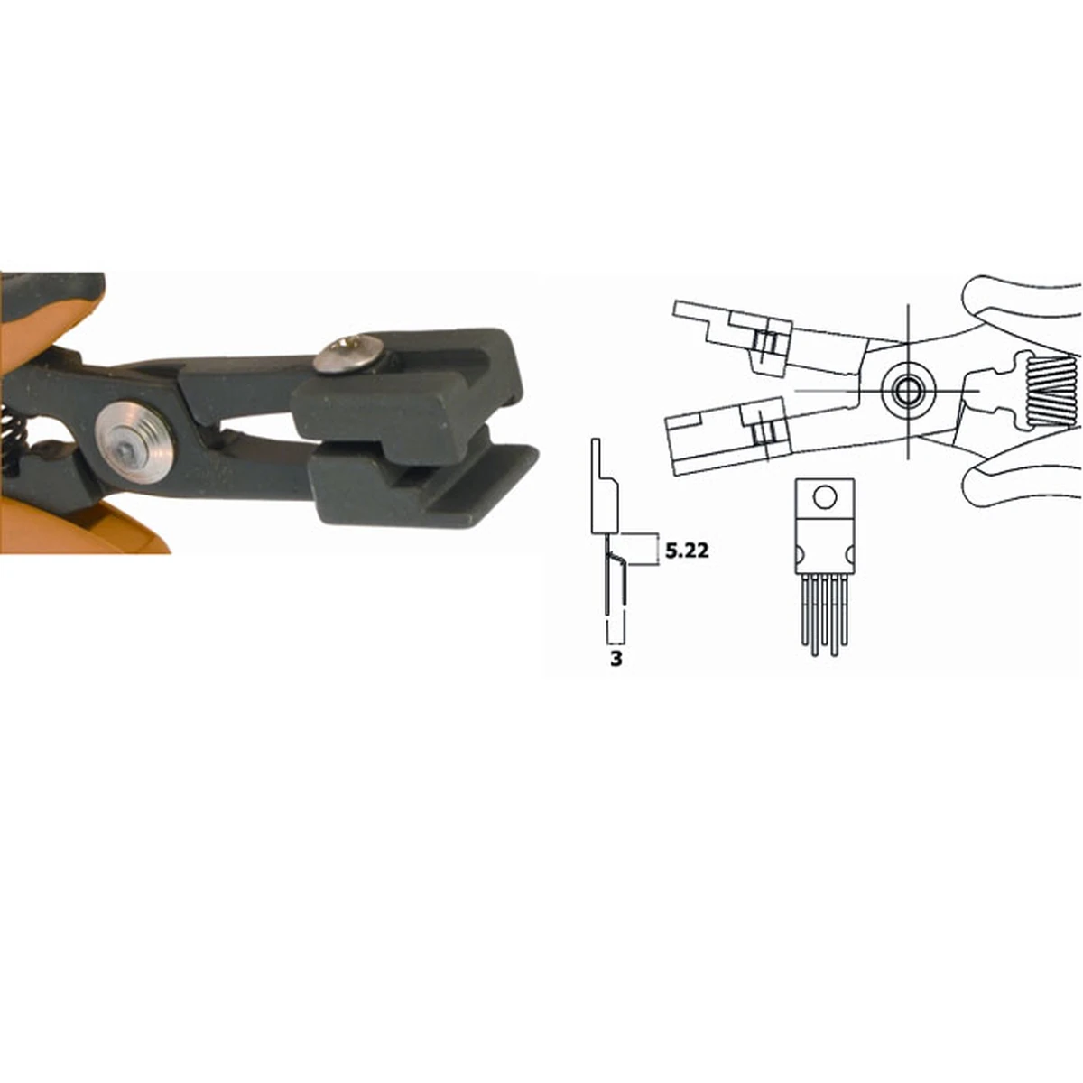 Zange zum Umformen von Stiften 1-3-5 von TO220, Raster 3 mm. ESD. Klingenstärke 5,0 mm, Länge 158mm. – CP-PN5050-38D