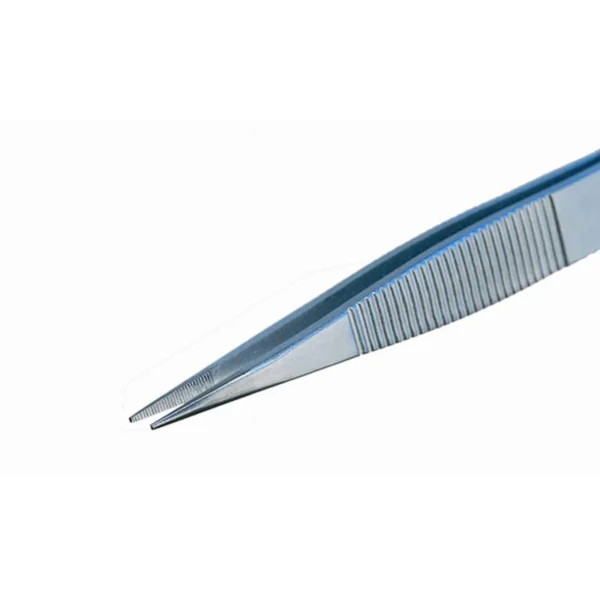 Pinzette mit flachen, breiten und gezahnten Spitzen, mit Griffrillen, Länge 120 mm. – CP-00D