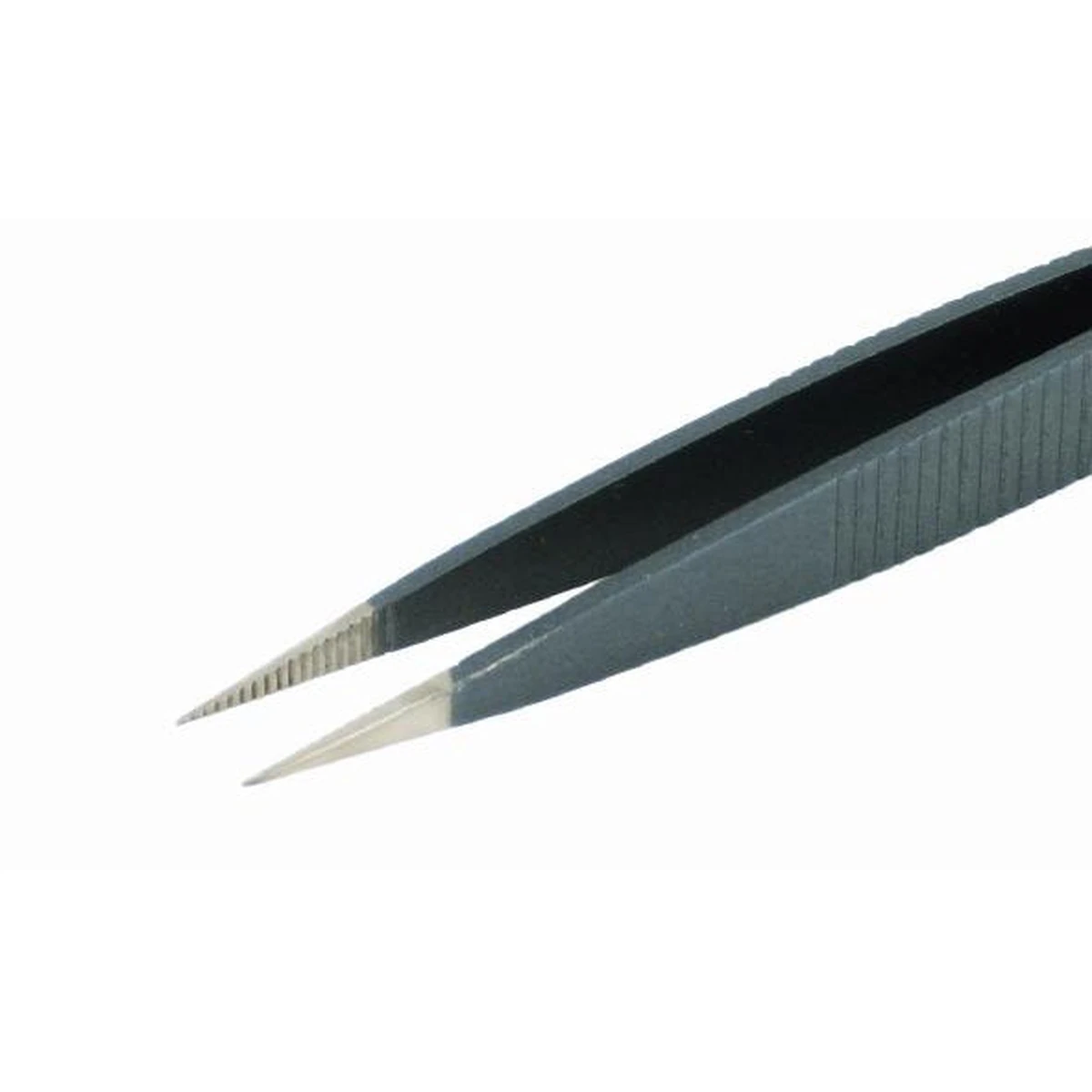 Pinzette mit flachen, breiten und gezahnten Spitzen, mit Griffrillen, Länge 120 mm, ESD. – CP-00D-ESD