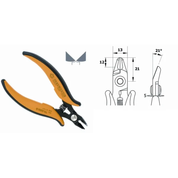 Geeignet für Kunststoffe. Klingenstärke 5,0 mm. Werkzeuglänge 138 mm. Kupferdraht 1,63 mm. ESD – CP-TR5000BD